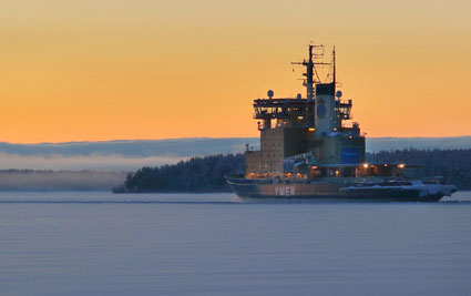 YMER Icebreaker in action without any trace of smoke in the chimney. YMER Icebreaker in action without any trace of smoke in the chimney.